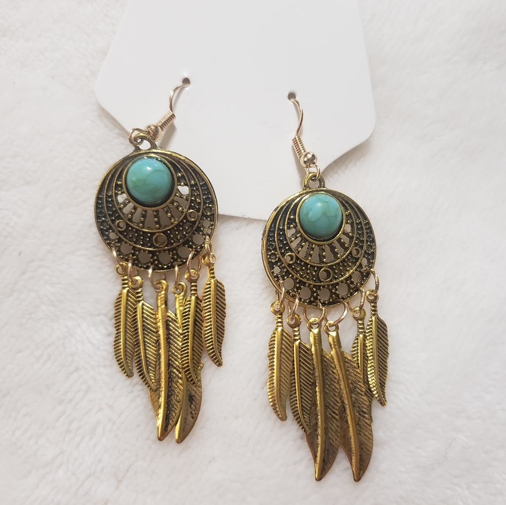 Faux Turquoise Dangle Earrings. (Gold acce…